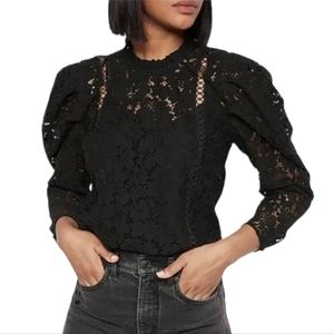 Express Black Lace Puffed Sleeve Ruffle Neck Victorian Style Blouse Medium